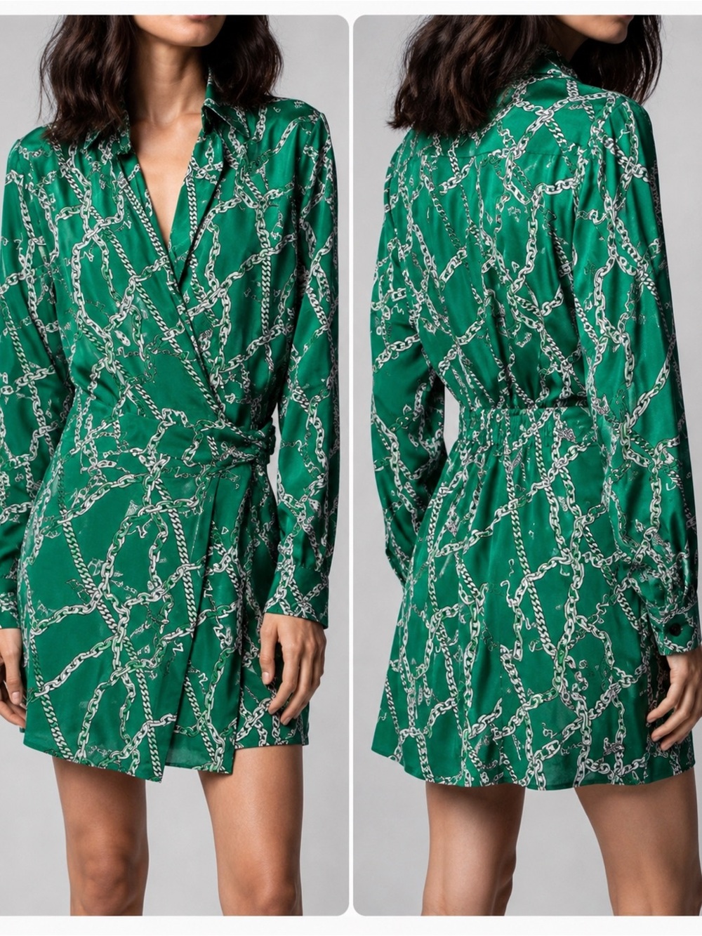 Zadig & Voltaire Ravy Chain Print Silk Mini Shirt Dress Green Small